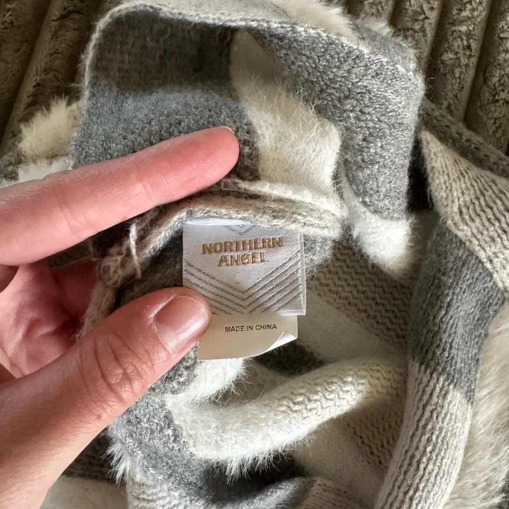 Striped Gray and Cream Knit shawl/poncho with Fringe